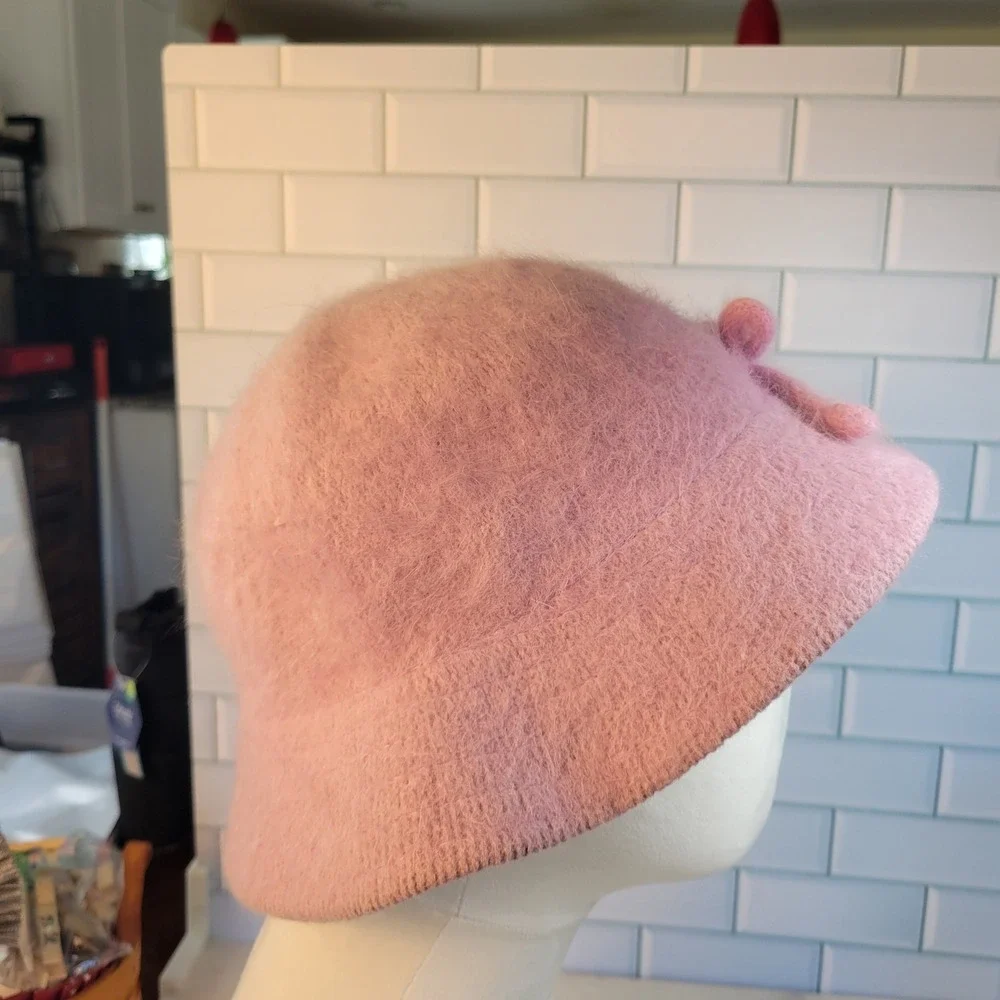 Angora Rabbit Fur Bucket Hat Blend Fuzzy Rosy Lilac Bow Accent Y2K Streetwear